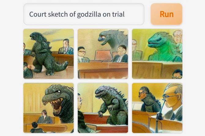 collage of Godzilla in a courtroom