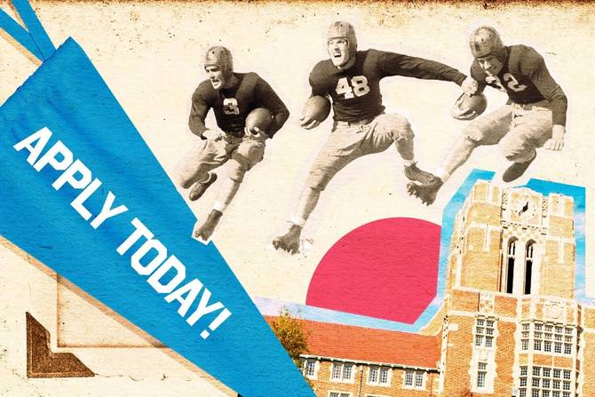 a collage of college-related things, including a building, football players, and an "Apply Today!" flag