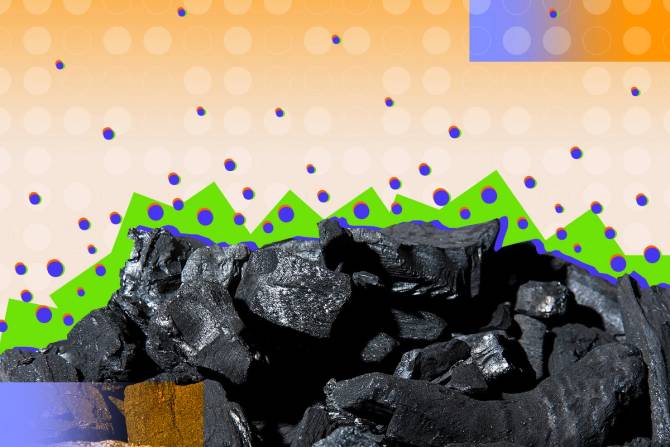 image of biochar, a black charcoal substance, on top of a green, orange, and purple background