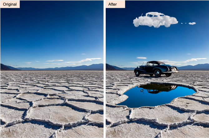An image of a landscape before and after a car, cloud and puddle are added with Photoshop's new tool.