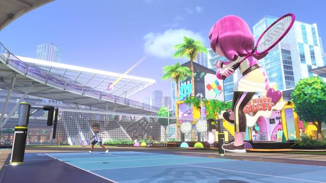 Nintendo Switch Sports clip of new avatars playing badminton in city venue.