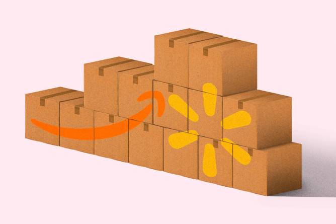 Graphic of the Amazon and Walmart logos on boxes