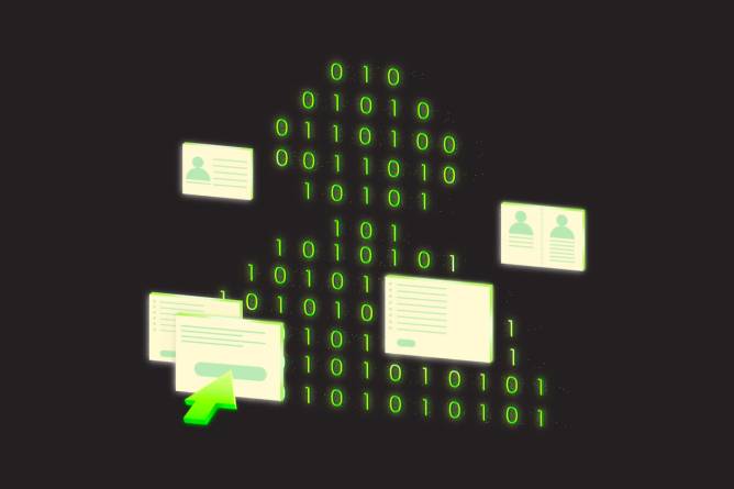 Profile icon made up of binary code and floating ai screens