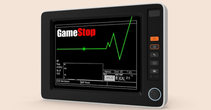 A medical monitor displaying abstract vital signs with the GameStop logo