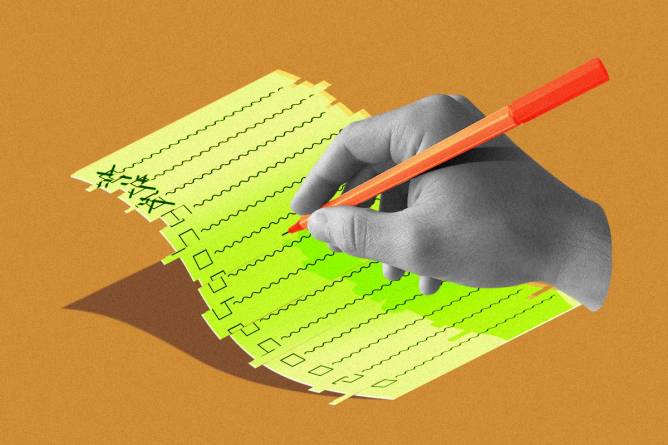 Hand checking off a glitched checklist