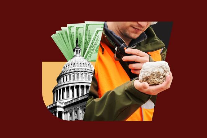 A photo composite of a geologist examining a mineral sample, the Capitol Building and a stack of money.