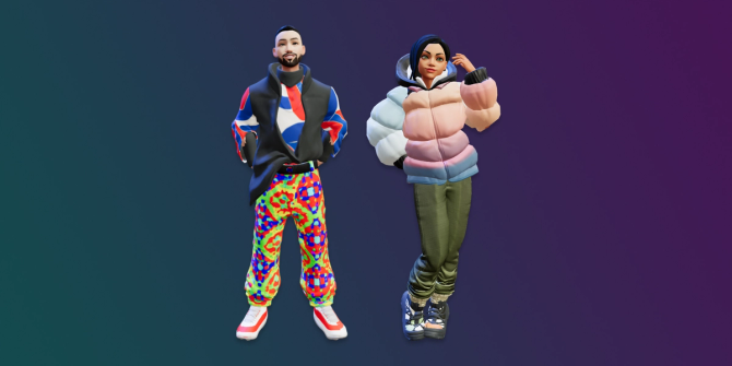 Two avatars show off distinct, colorful clothing items.