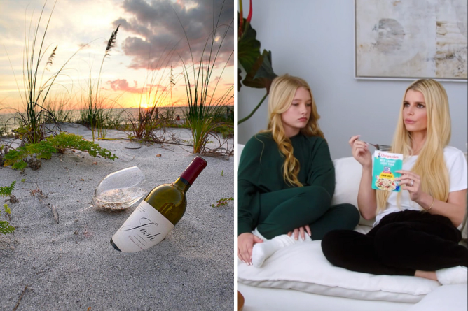 A post from Josh wine, featuring the wine nestled in the sand of a beach, and a video from Chicken of the Sea featuring Jessica Simpson sitting on a white couch eating a pouch of tuna 