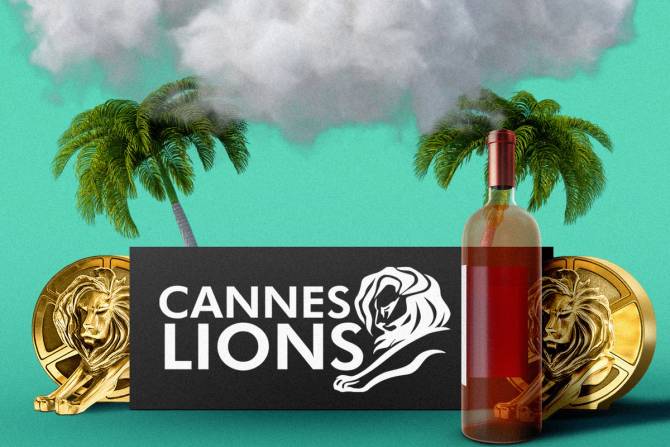 Cannes Lions logo with palm trees, wine, and a storm cloud hanging over all of it