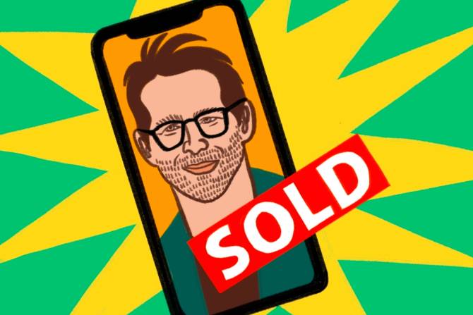 Ryan Reynolds illustration on phone screen with "sold" sticker