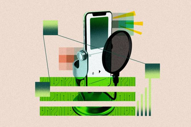 A stylized illustration of an iPhone on a microphone stand with a microphone pop filter in front of it