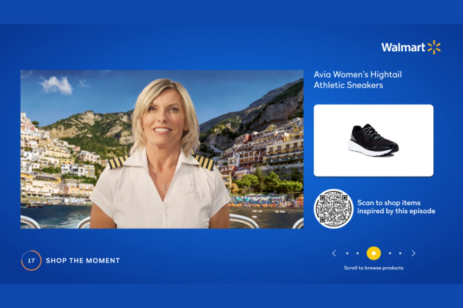 a mock-up of how shoppable ads will appear in the "Below Deck" franchise on Peacock, with a QR code and an image of a shoe for sale from Walmart on the right and an image from Captain Sandy from the series on the left