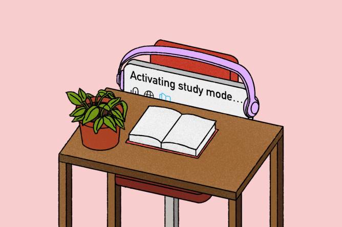 An illustration of a computer screen with Study Mode on it reading a book at a desk