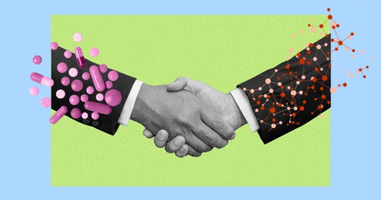 Two business men's arms shaking hands with one covered in pharma pills and the other in biotech icons