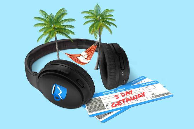 Hilton giveaway promo image with headphones and two palm trees
