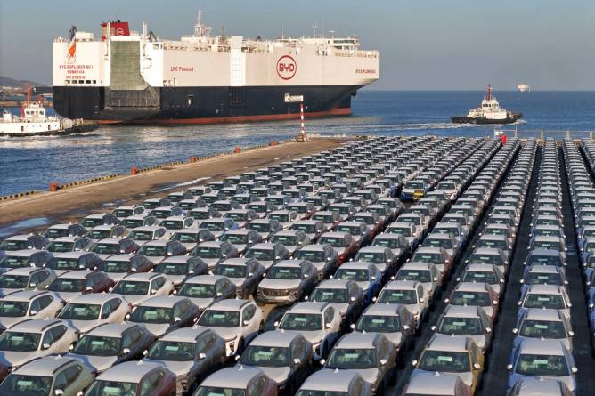 Vehicles at a port.