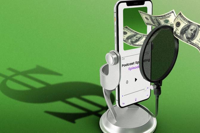 a dollar sign behind a phone playing a podcast, and the phone has a mic in front of it with dollar signs coming out of the screen