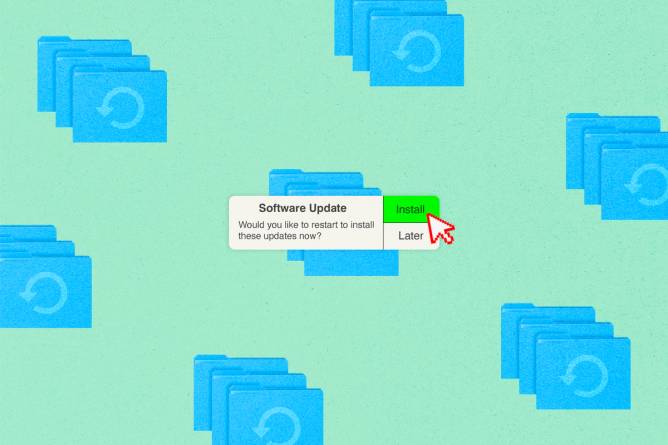 File folders and a software update notification.