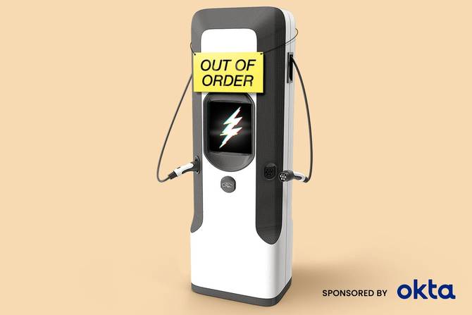 illustration of an electric vehicle charger with a yellow "out of order" sign on it 