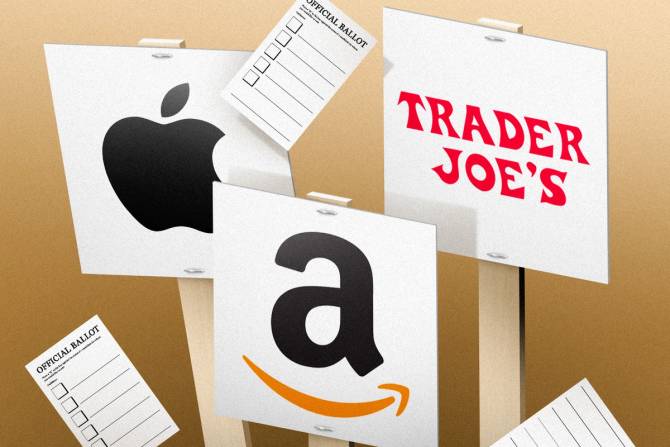 Picket signs show logos for Apple, Amazon, and Trader Joe's