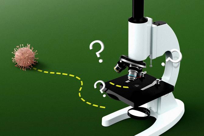 Microscope with question marks around it and a monkeypox virus far away from it.