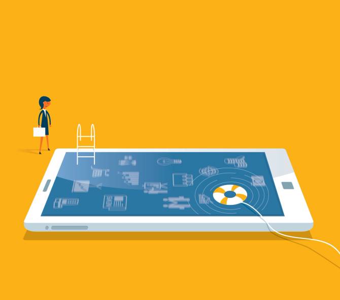 Businessperson drowning in tech