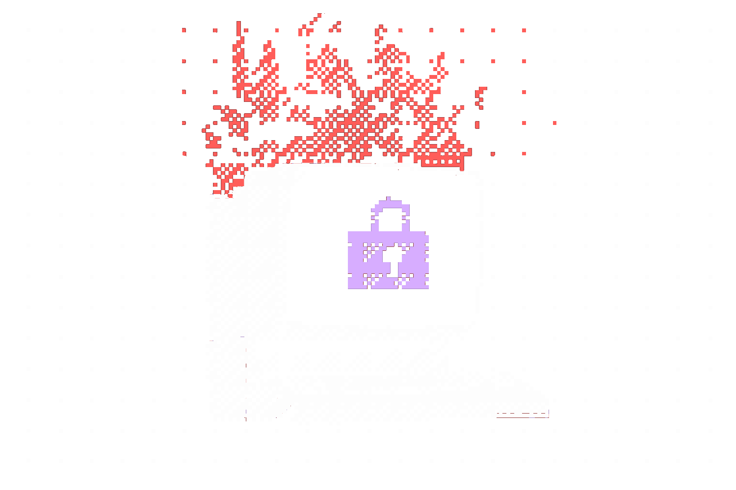 Pixel-art gif of an old desktop computer with a lock icon on its screen, flames rising from behind it, set against a dotted background.