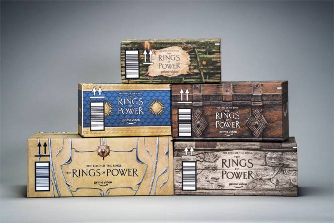 Amazon boxes with "Rings of Power" branding