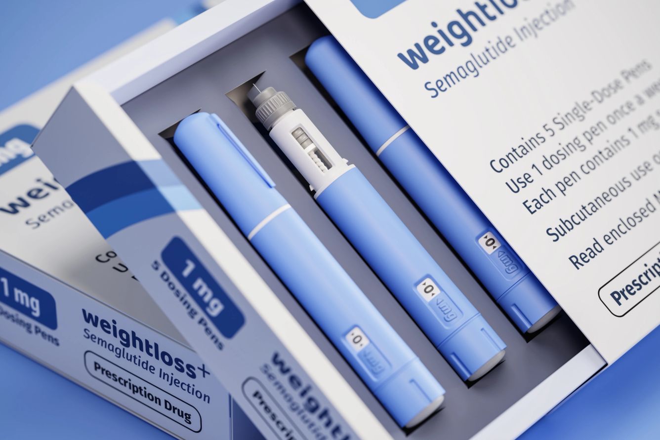 Two packages of 5 dosing pens each of a fictitious Semiglutin drug used for weight loss (antidiabetic medication or anti-obesity medication) on a blue transparent background.