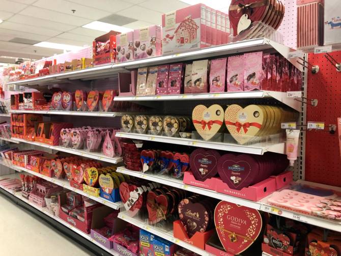 Valentine's Day chocolates in a store aisle 