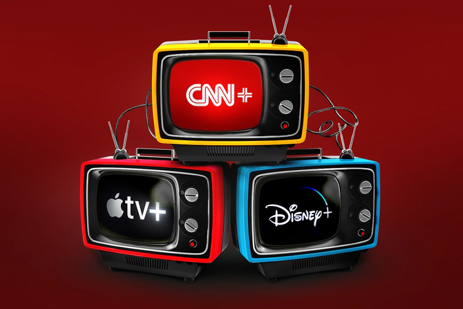 Composite illustration of television screens displaying streaming platform logos