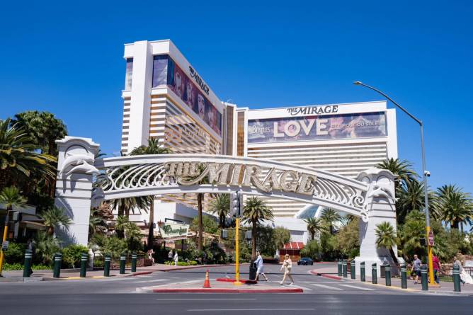 The Mirage sign and hotel from The Strip.