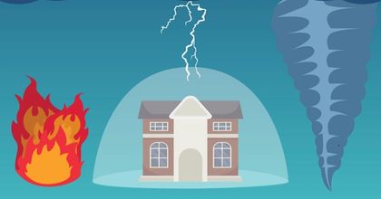 2D animation of a fire next to a house and tornado and the house is covered by a bubble