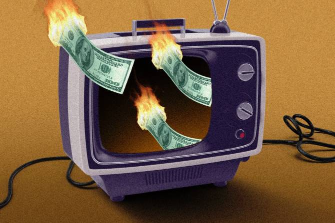 a TV screen featuring dollar bills on fire