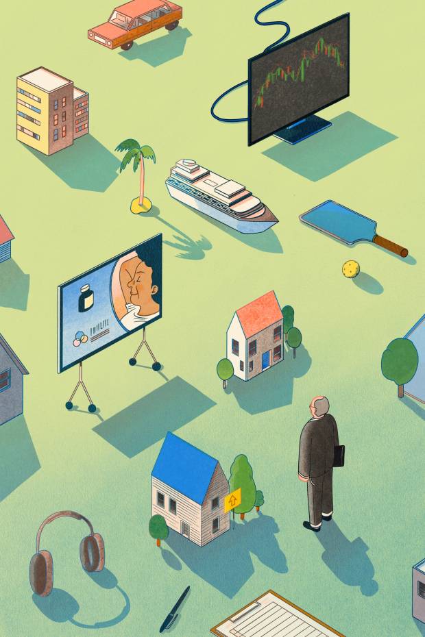 A person surrounded by signs of Boomer wealth including houses, a cruise ship, and a tv showing a pharmaceutical ad