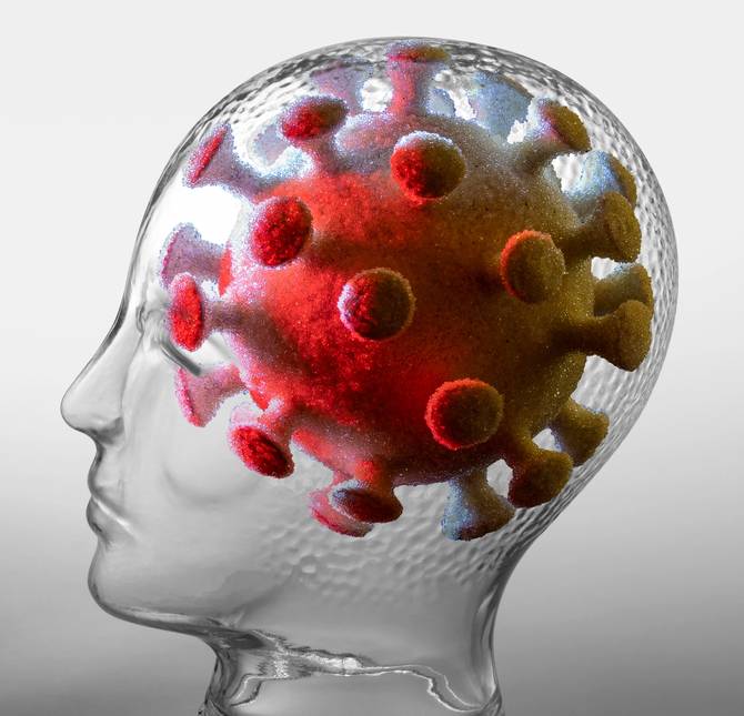 A glass sculpture of a skull with a covid symbol inside.