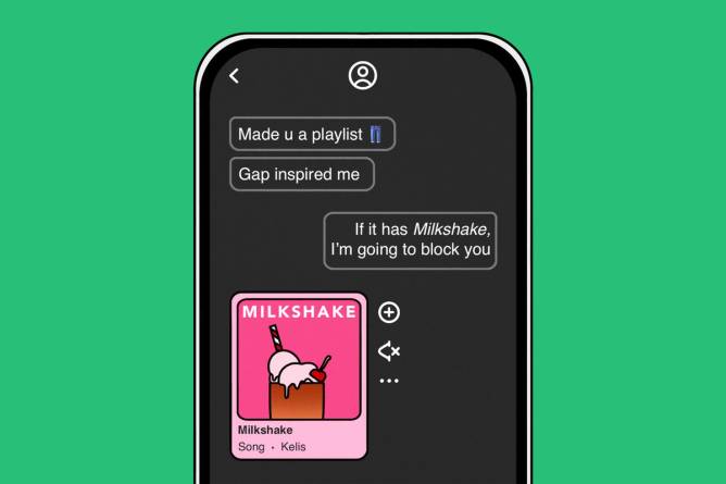 An illustration of a phone showing messages where the song is being recommended is Milkshake from the Gap ad