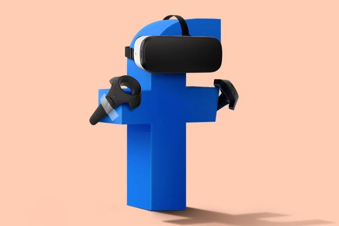 blue facebook logo using AR/VR head and handsets against pink background
