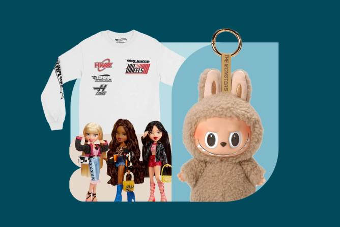 Collage of Bratz figures, a Hot Wheels t-shirt, and a Labubu doll. 