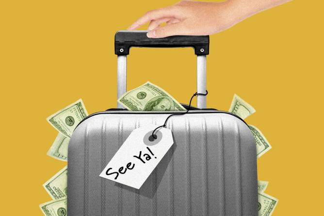 A suitcase full of money with a tag that says "see ya"