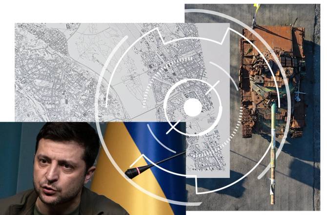 Collage of Zelensky, maps, text