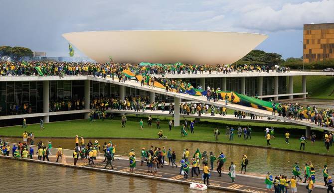 Supporters of Brazilian former President Jair Bolsonaro invade the National Congress in Brasilia on January 8, 2023.