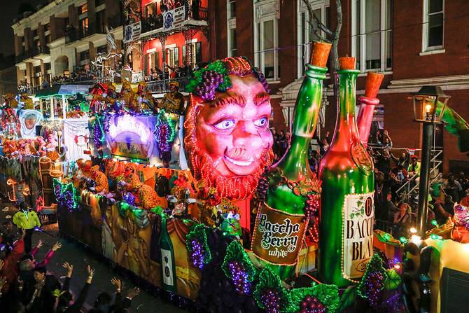 The Bacchatality float in the Krewe of Bacchus parade during Mardi Gras