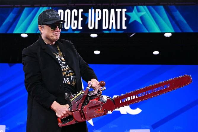 Elon Musk wielding a chainsaw