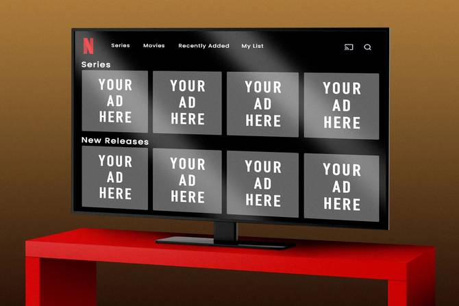 Netflix's interface with "Your Ad Here" appears on a television screen.
