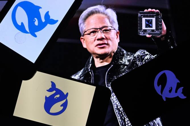 Nvidia CEO Jensen Huang and DeepSeek logos