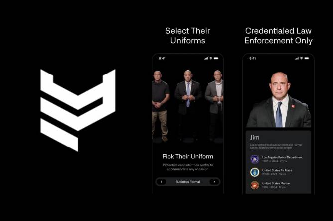 Protector app logo and screenshots of uniform selection and law enforcement credentials.