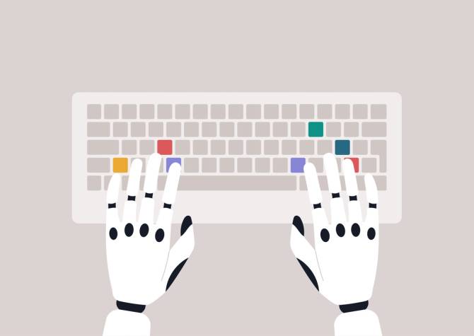 Robotic hands typing on a futuristic keyboard