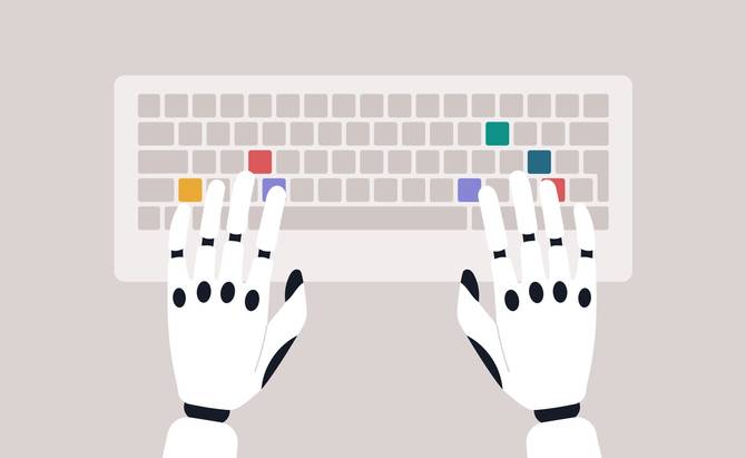 Robotic hands typing on a futuristic keyboard