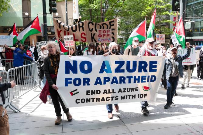 Protests outside Microsoft Build in May 2025